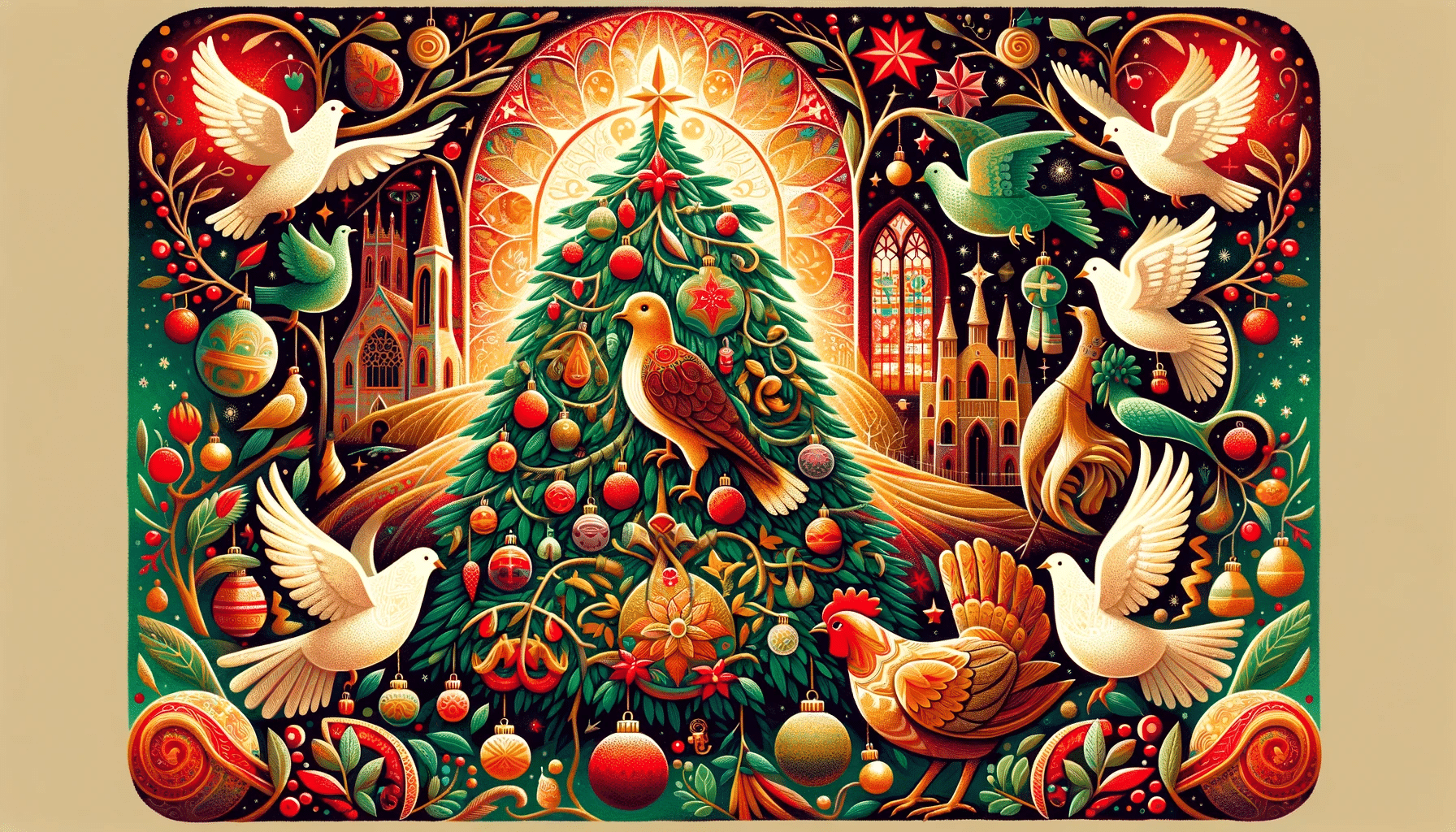 DALL·E 2023-12-20 16.21.57 – A vibrant and festive image representing the song ‘The Twelve Days of Christmas’ and its Christian symbolism. The foreground features a beautifully il